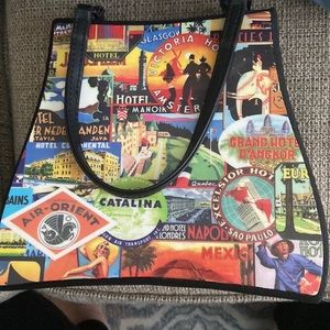 Cute black bag with vintage travel decals